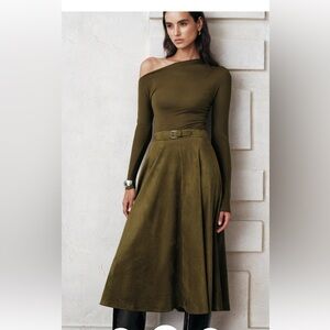 Commense Olive Green One-Shoulder A-Line Midi Skirt with Belt